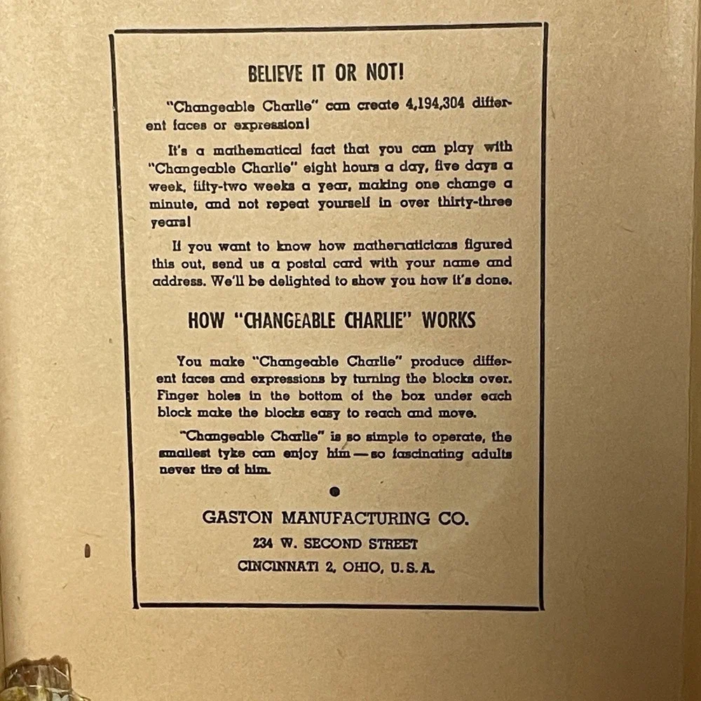Changeable Charlie Wood Block‎ Vintage 1948 Puzzle Game American Toy Gaston Mfg